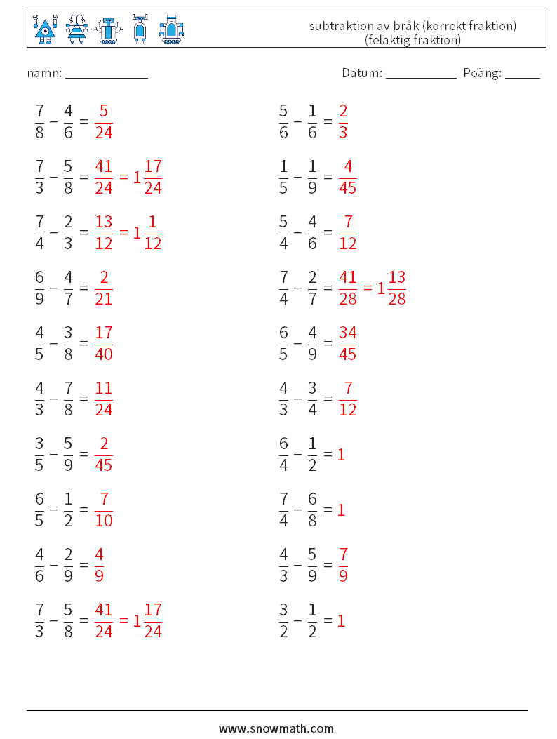 (20) subtraktion av bråk (korrekt fraktion) (felaktig fraktion) Matematiska arbetsblad 16 Fråga, svar