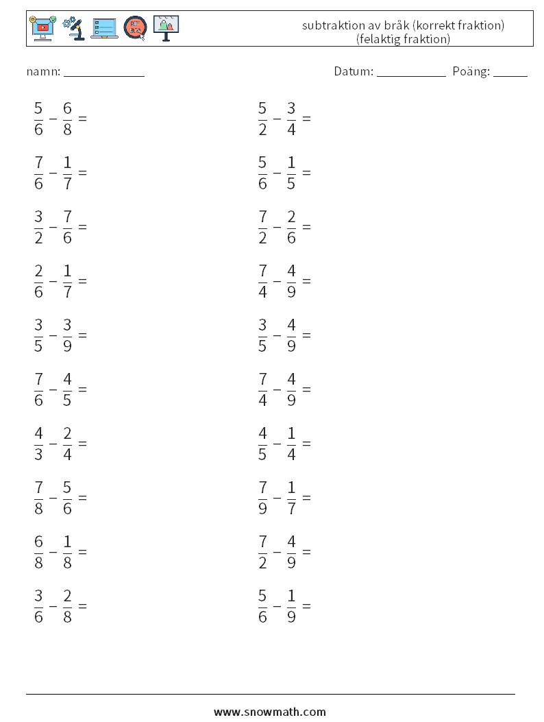 (20) subtraktion av bråk (korrekt fraktion) (felaktig fraktion) Matematiska arbetsblad 17