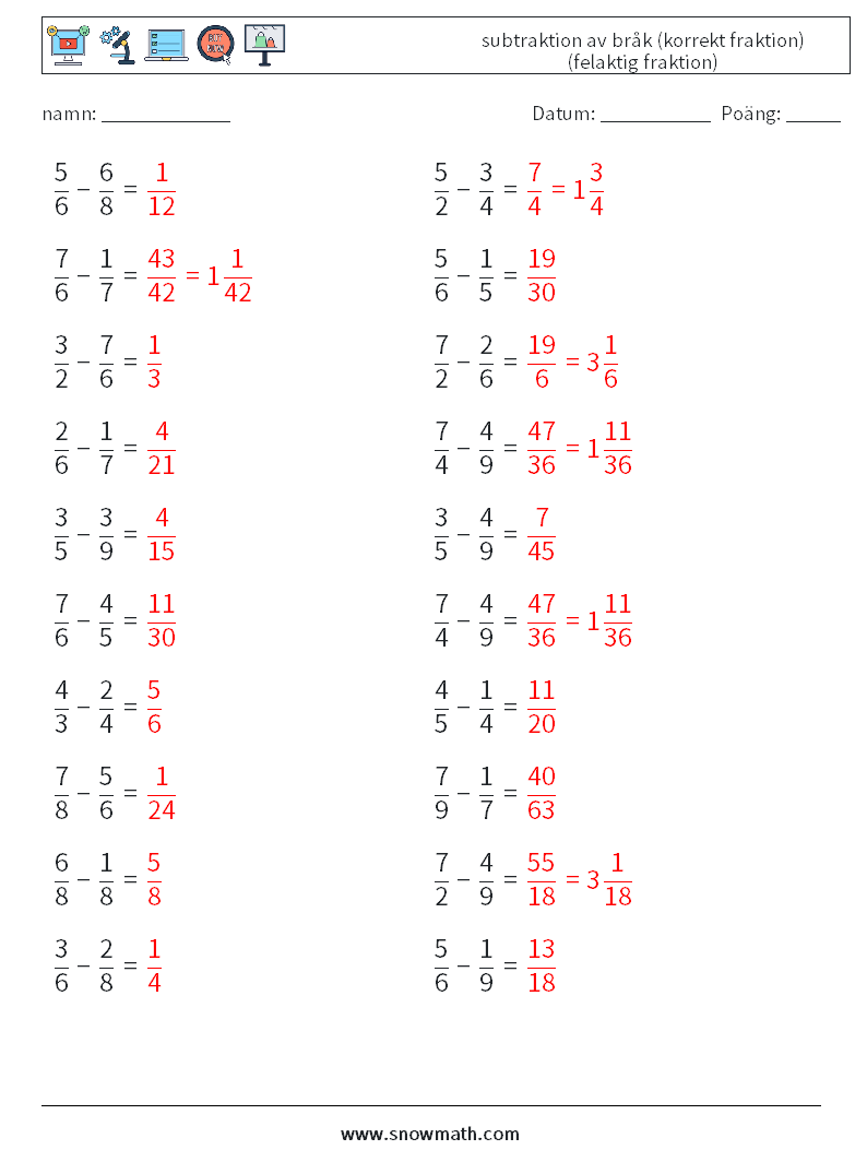 (20) subtraktion av bråk (korrekt fraktion) (felaktig fraktion) Matematiska arbetsblad 17 Fråga, svar