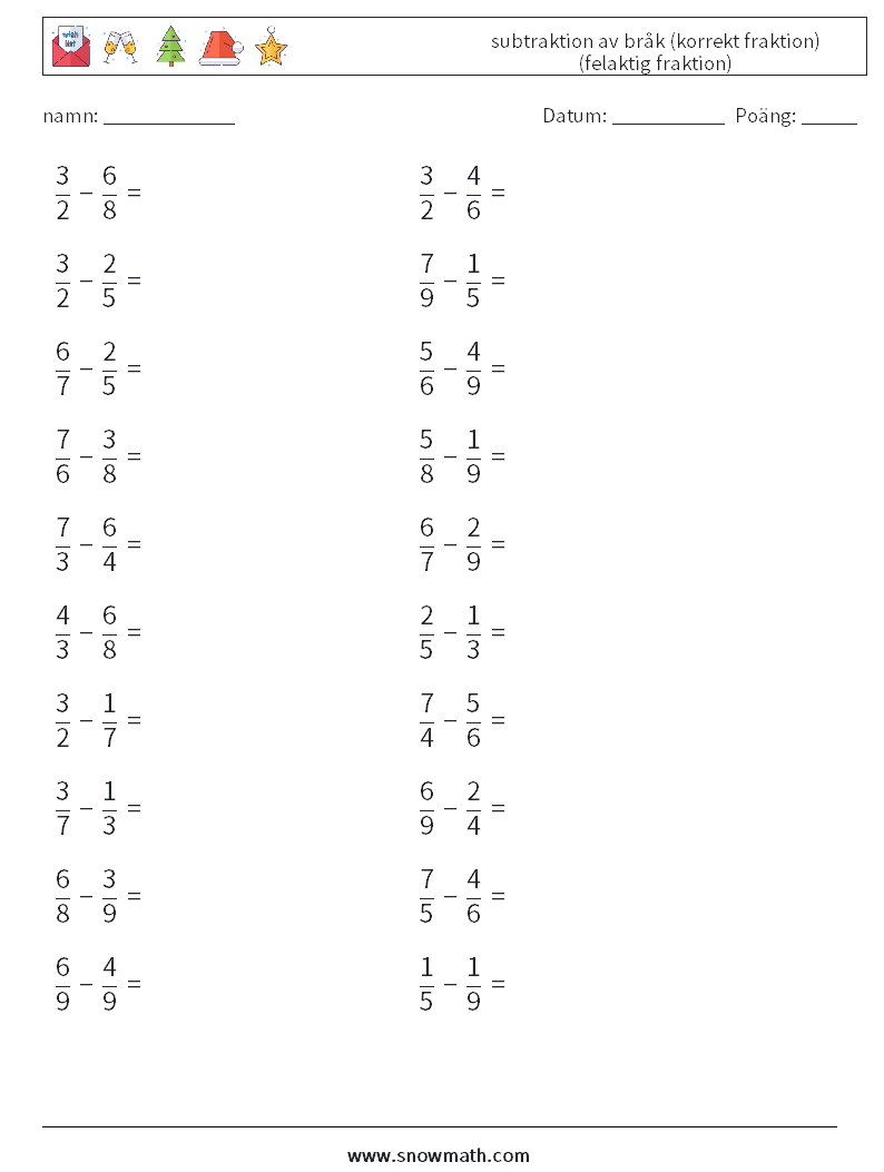 (20) subtraktion av bråk (korrekt fraktion) (felaktig fraktion) Matematiska arbetsblad 18
