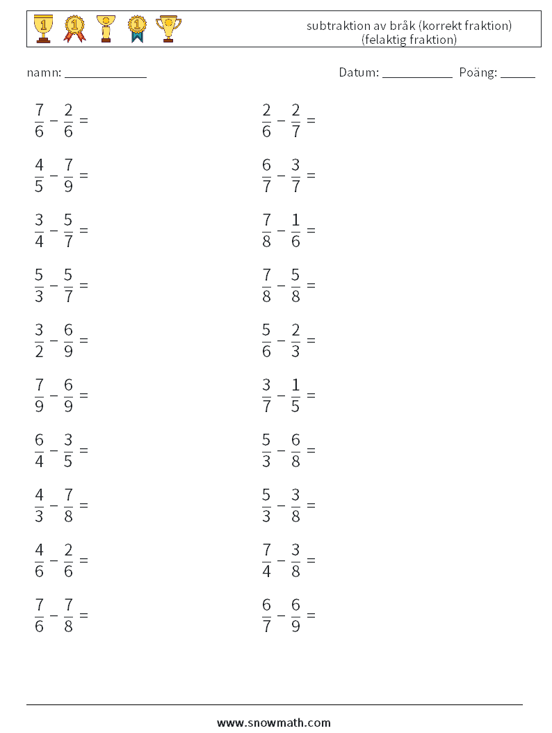 (20) subtraktion av bråk (korrekt fraktion) (felaktig fraktion) Matematiska arbetsblad 2