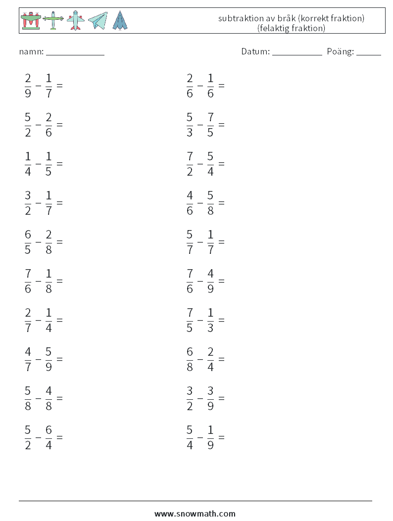 (20) subtraktion av bråk (korrekt fraktion) (felaktig fraktion) Matematiska arbetsblad 3