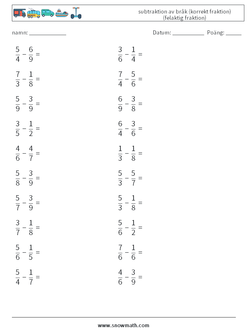 (20) subtraktion av bråk (korrekt fraktion) (felaktig fraktion) Matematiska arbetsblad 4