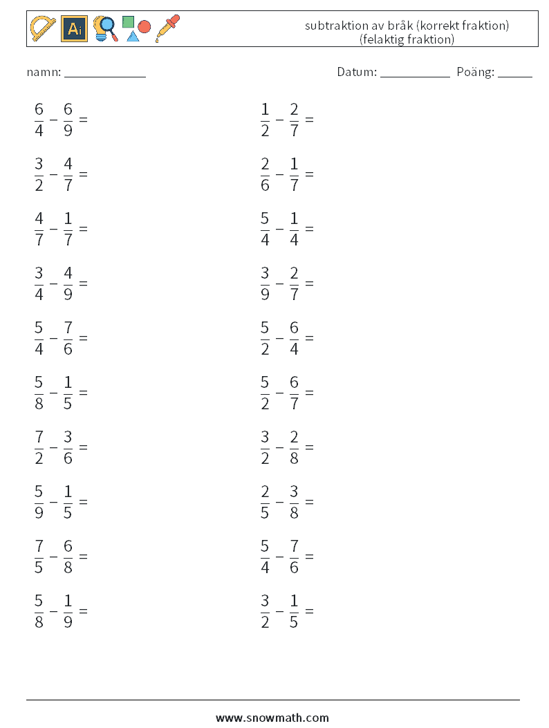 (20) subtraktion av bråk (korrekt fraktion) (felaktig fraktion) Matematiska arbetsblad 5