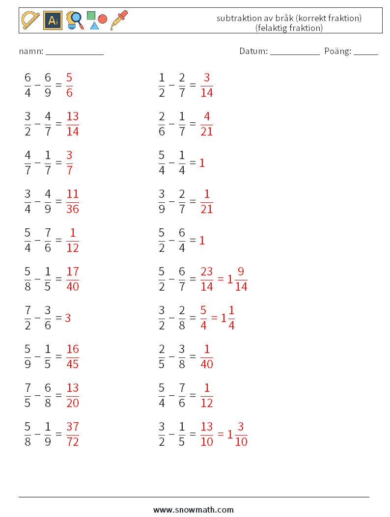 (20) subtraktion av bråk (korrekt fraktion) (felaktig fraktion) Matematiska arbetsblad 5 Fråga, svar