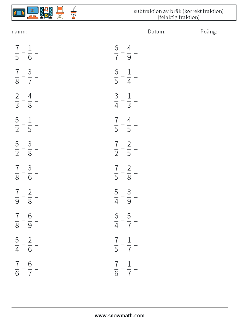 (20) subtraktion av bråk (korrekt fraktion) (felaktig fraktion) Matematiska arbetsblad 6