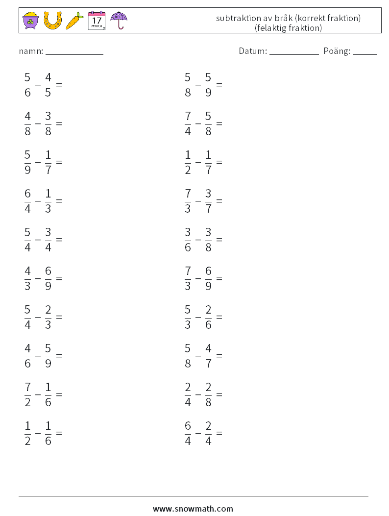 (20) subtraktion av bråk (korrekt fraktion) (felaktig fraktion) Matematiska arbetsblad 7