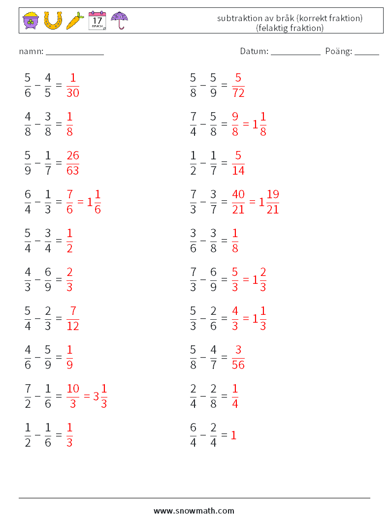 (20) subtraktion av bråk (korrekt fraktion) (felaktig fraktion) Matematiska arbetsblad 7 Fråga, svar