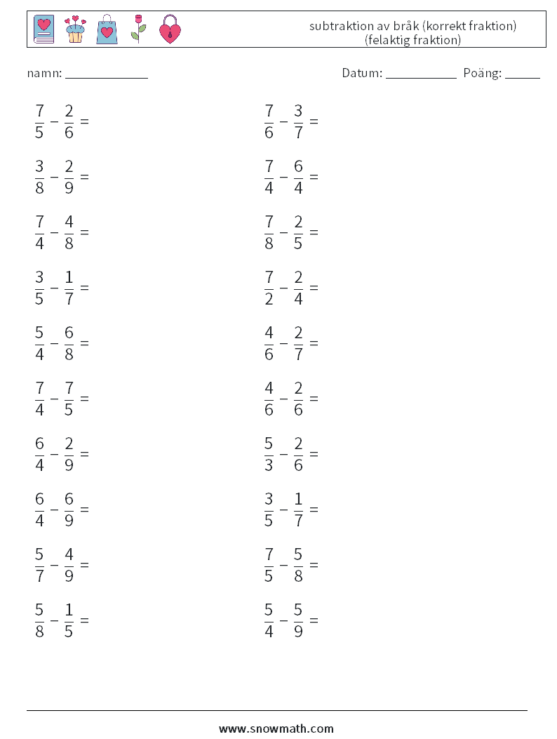 (20) subtraktion av bråk (korrekt fraktion) (felaktig fraktion) Matematiska arbetsblad 8