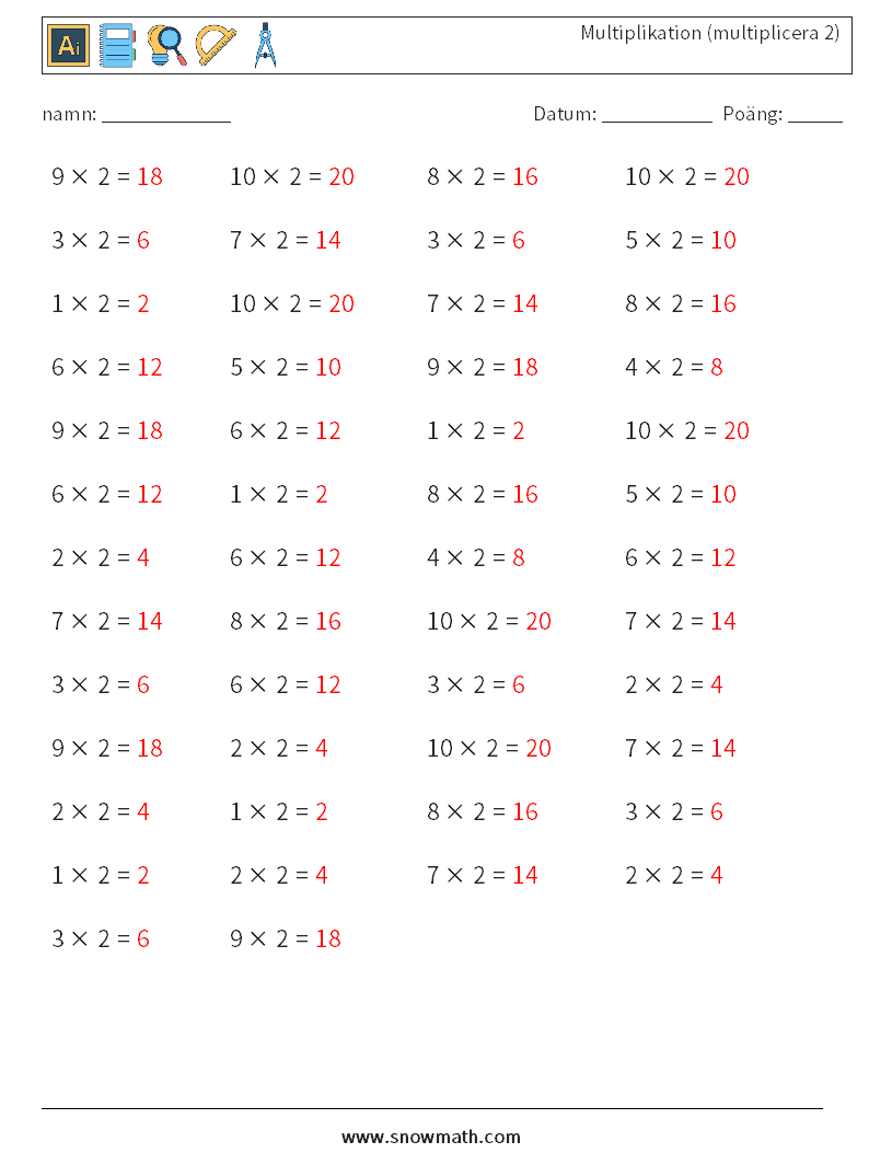 (50) Multiplikation (multiplicera 2) Matematiska arbetsblad 4 Fråga, svar