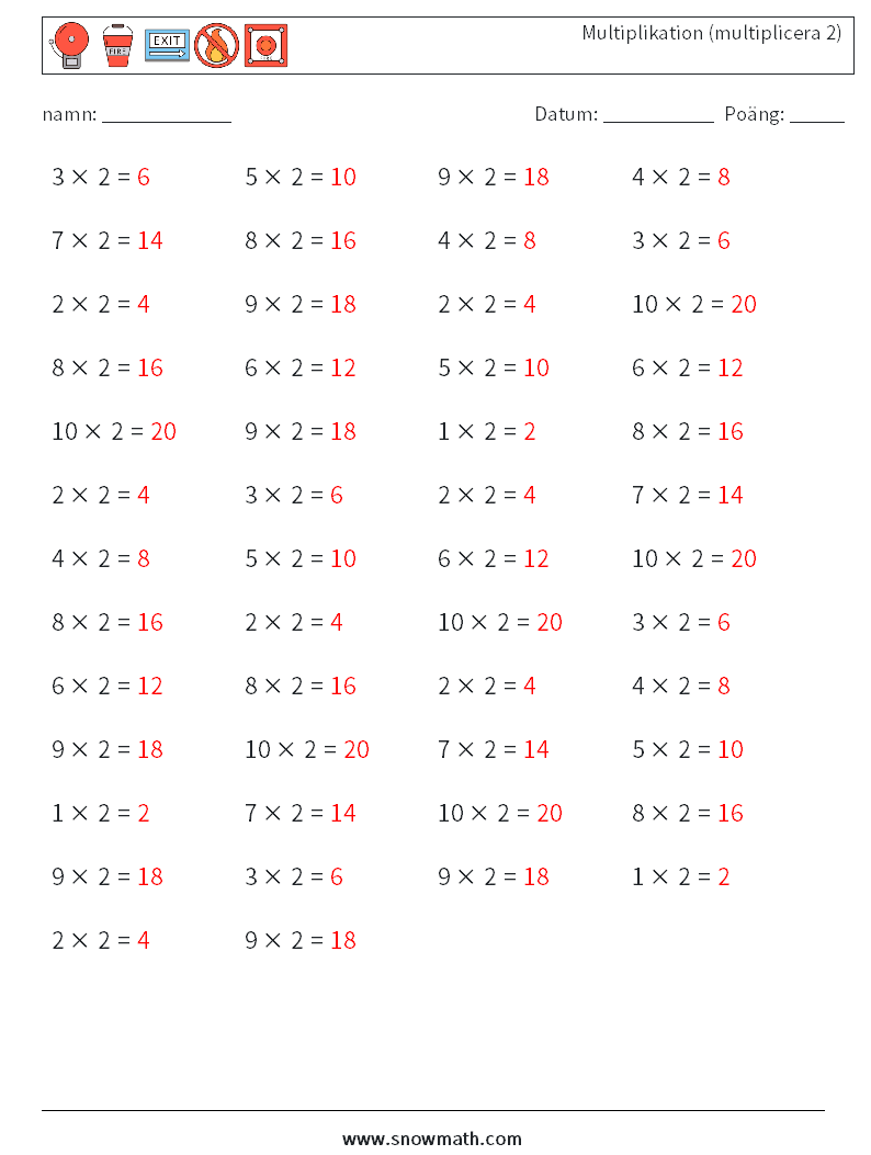 (50) Multiplikation (multiplicera 2) Matematiska arbetsblad 6 Fråga, svar