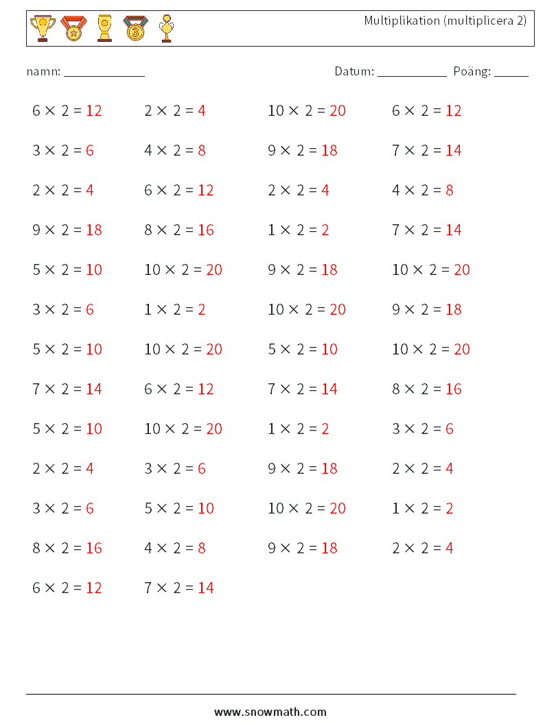 (50) Multiplikation (multiplicera 2) Matematiska arbetsblad 7 Fråga, svar