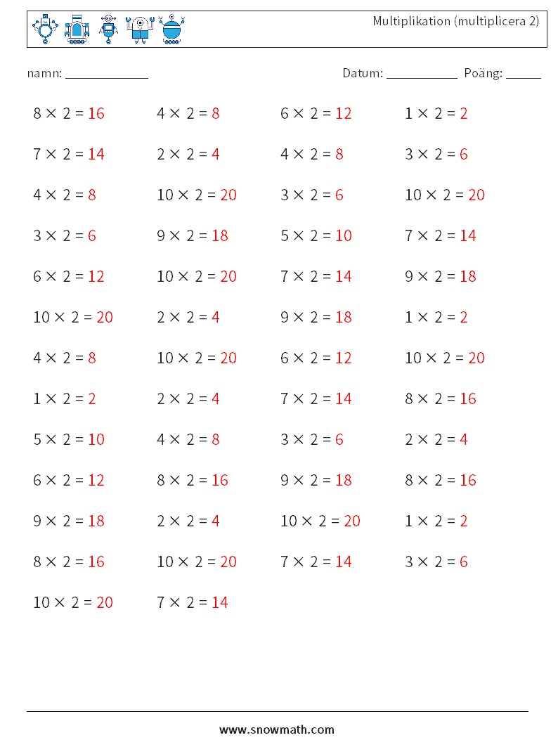 (50) Multiplikation (multiplicera 2) Matematiska arbetsblad 9 Fråga, svar
