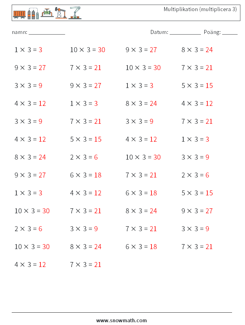 (50) Multiplikation (multiplicera 3) Matematiska arbetsblad 1 Fråga, svar
