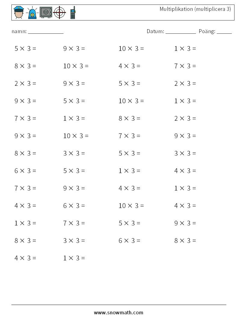 (50) Multiplikation (multiplicera 3) Matematiska arbetsblad 2