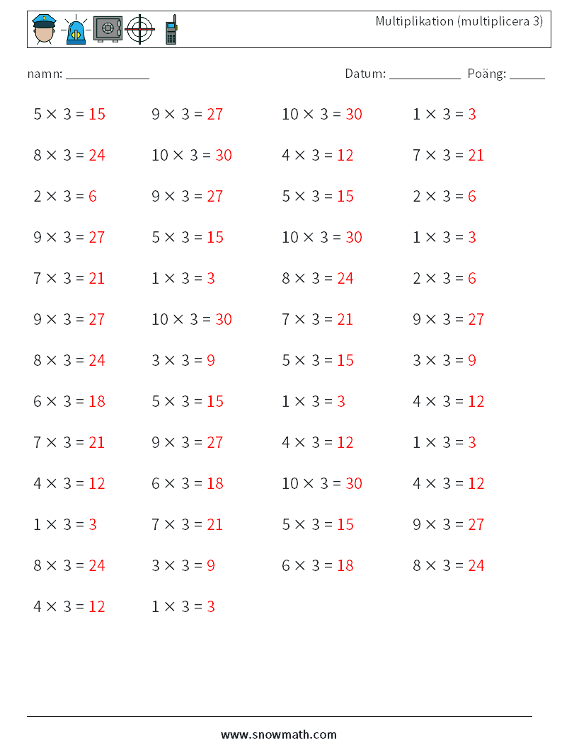 (50) Multiplikation (multiplicera 3) Matematiska arbetsblad 2 Fråga, svar