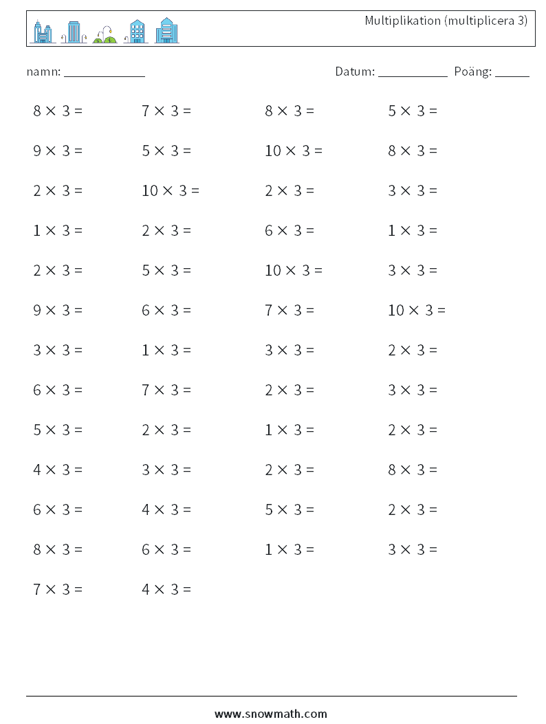 (50) Multiplikation (multiplicera 3) Matematiska arbetsblad 5