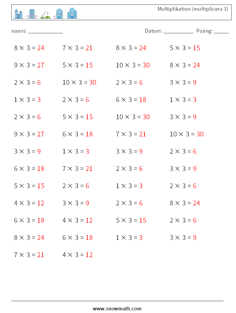 (50) Multiplikation (multiplicera 3) Matematiska arbetsblad 5 Fråga, svar