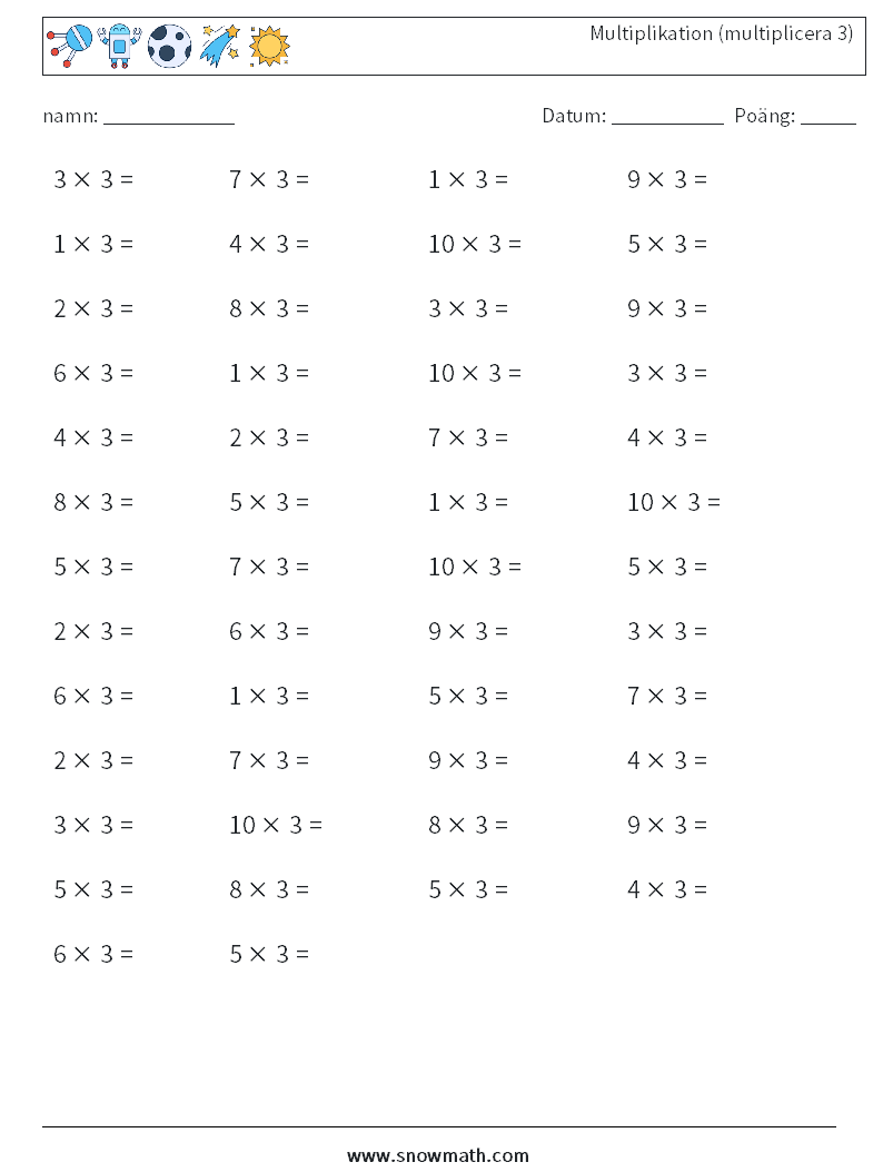 (50) Multiplikation (multiplicera 3) Matematiska arbetsblad 9