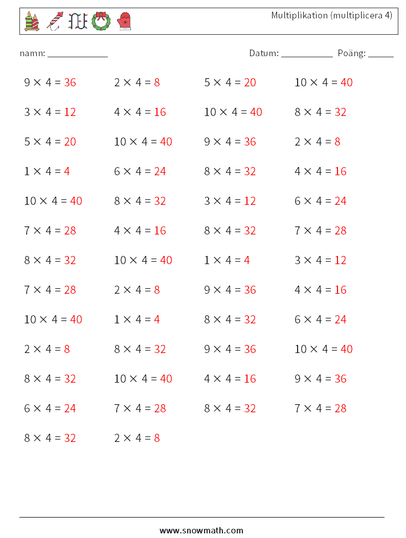 (50) Multiplikation (multiplicera 4) Matematiska arbetsblad 1 Fråga, svar