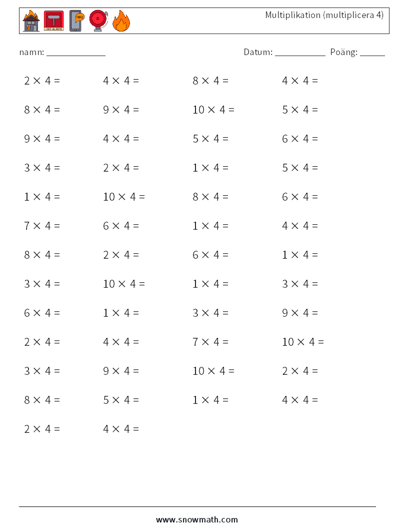 (50) Multiplikation (multiplicera 4) Matematiska arbetsblad 2