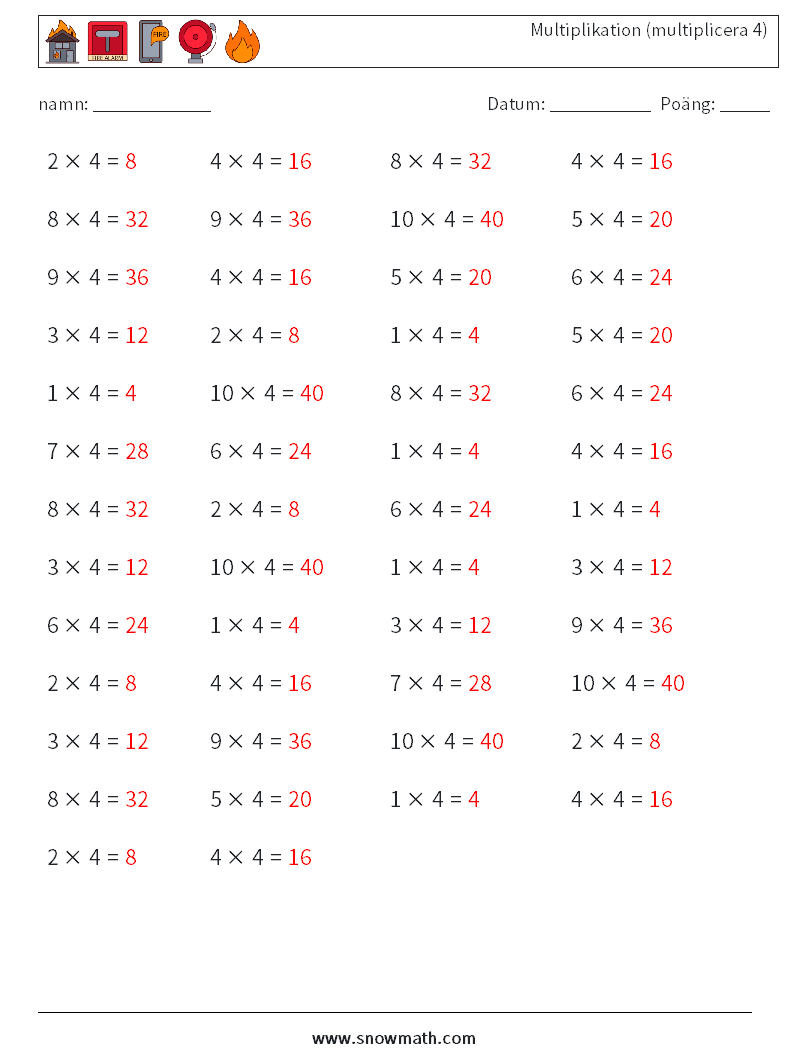 (50) Multiplikation (multiplicera 4) Matematiska arbetsblad 2 Fråga, svar