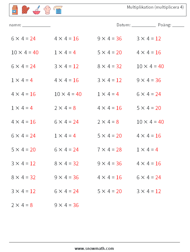 (50) Multiplikation (multiplicera 4) Matematiska arbetsblad 3 Fråga, svar