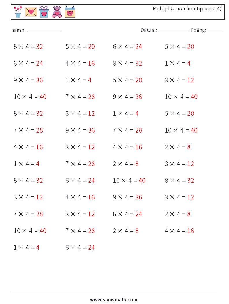(50) Multiplikation (multiplicera 4) Matematiska arbetsblad 6 Fråga, svar
