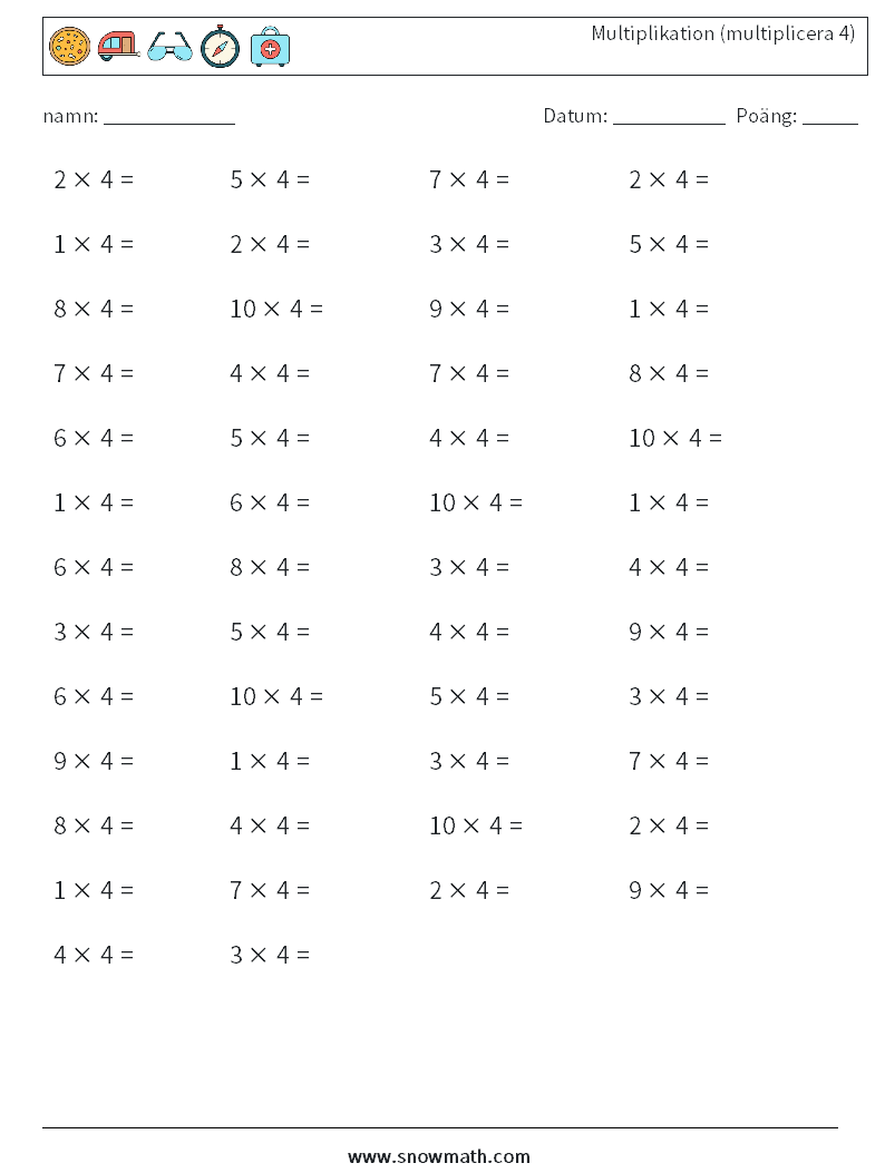 (50) Multiplikation (multiplicera 4) Matematiska arbetsblad 7