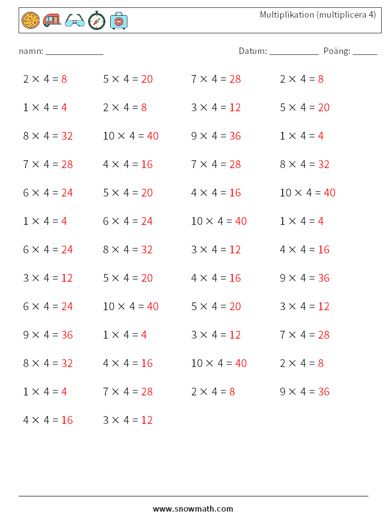 (50) Multiplikation (multiplicera 4) Matematiska arbetsblad 7 Fråga, svar