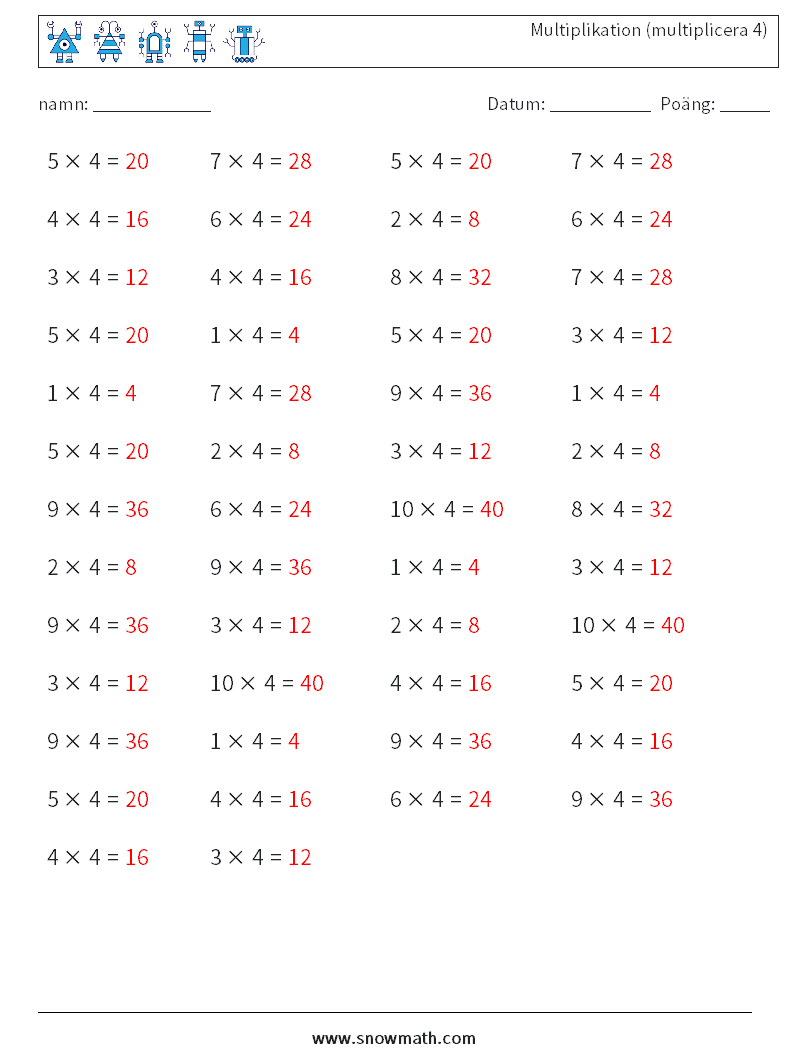 (50) Multiplikation (multiplicera 4) Matematiska arbetsblad 8 Fråga, svar