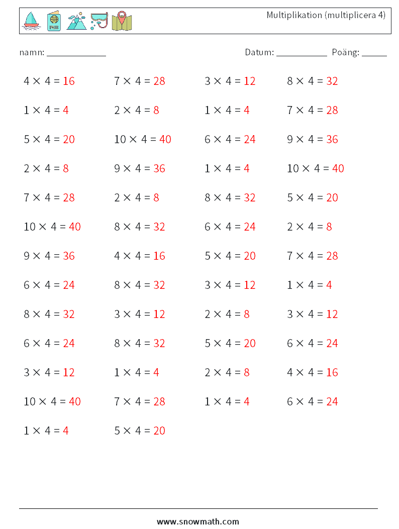 (50) Multiplikation (multiplicera 4) Matematiska arbetsblad 9 Fråga, svar