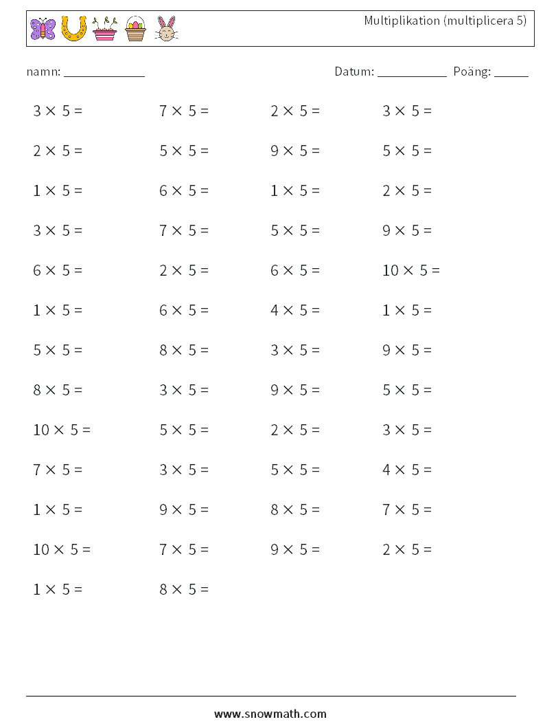 (50) Multiplikation (multiplicera 5) Matematiska arbetsblad 1