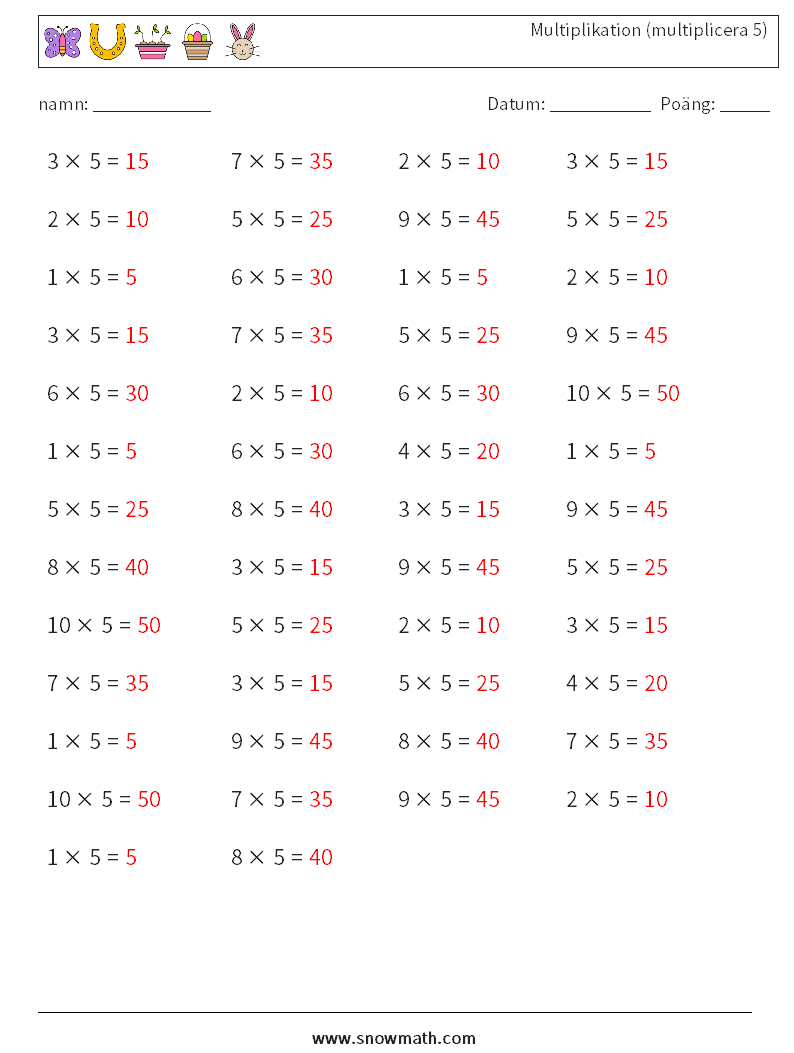 (50) Multiplikation (multiplicera 5) Matematiska arbetsblad 1 Fråga, svar