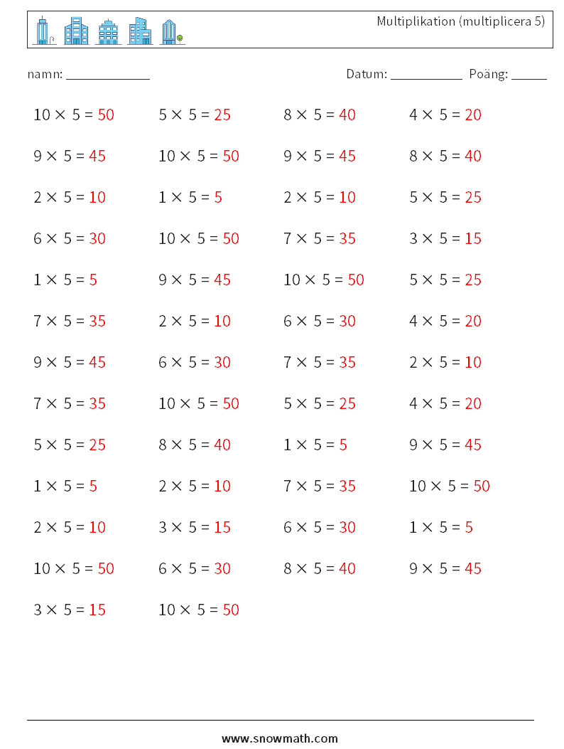 (50) Multiplikation (multiplicera 5) Matematiska arbetsblad 4 Fråga, svar