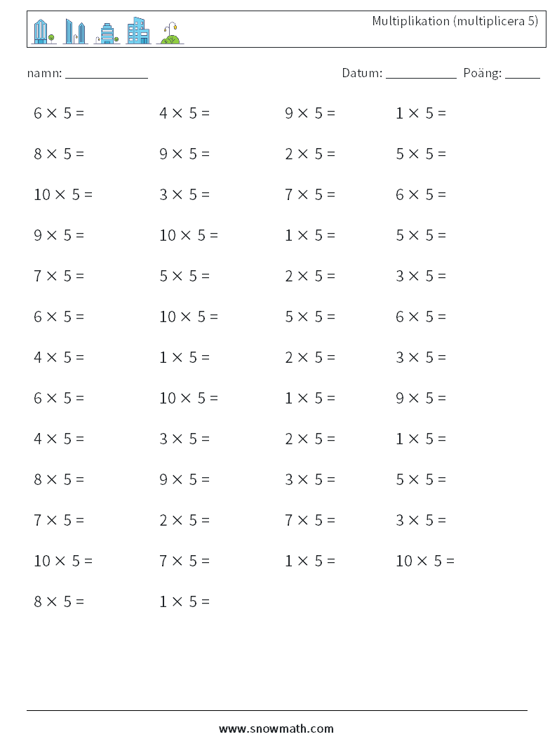 (50) Multiplikation (multiplicera 5) Matematiska arbetsblad 5