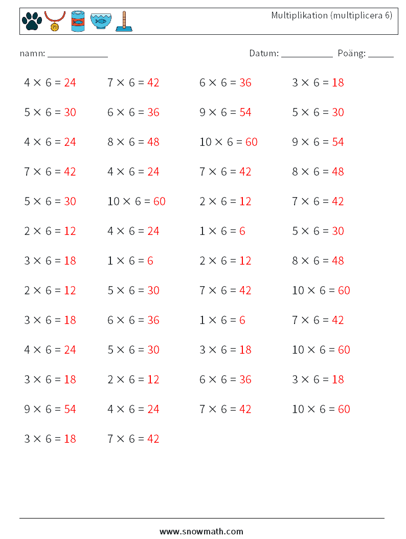 (50) Multiplikation (multiplicera 6) Matematiska arbetsblad 2 Fråga, svar