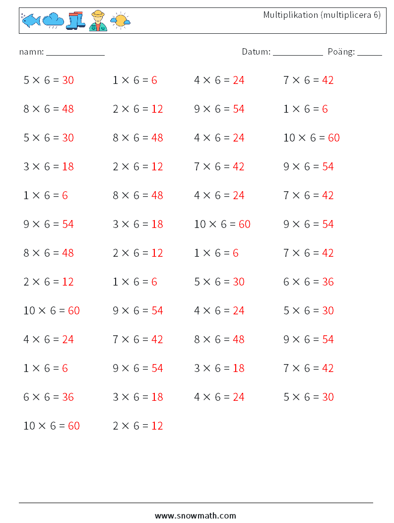 (50) Multiplikation (multiplicera 6) Matematiska arbetsblad 6 Fråga, svar