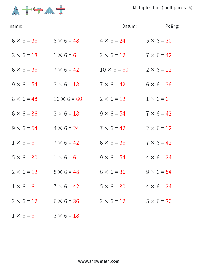 (50) Multiplikation (multiplicera 6) Matematiska arbetsblad 9 Fråga, svar