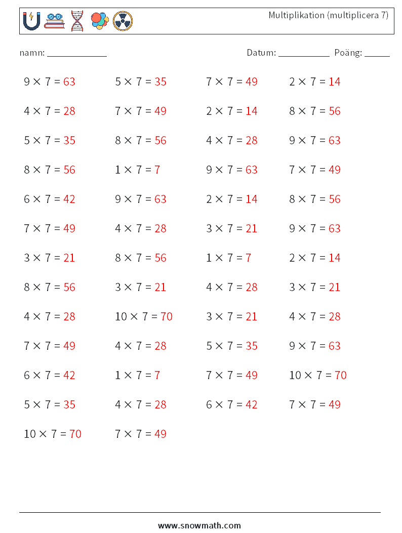 (50) Multiplikation (multiplicera 7) Matematiska arbetsblad 1 Fråga, svar