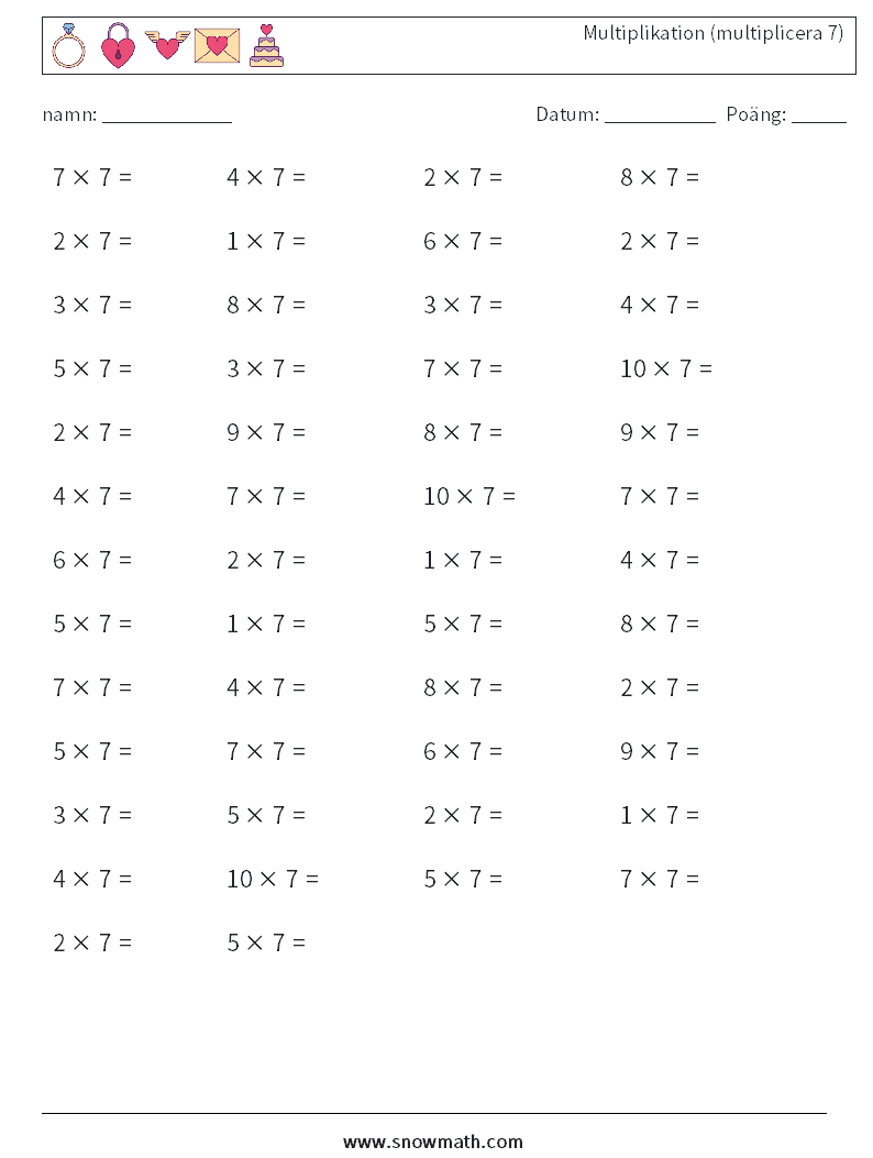 (50) Multiplikation (multiplicera 7) Matematiska arbetsblad 2