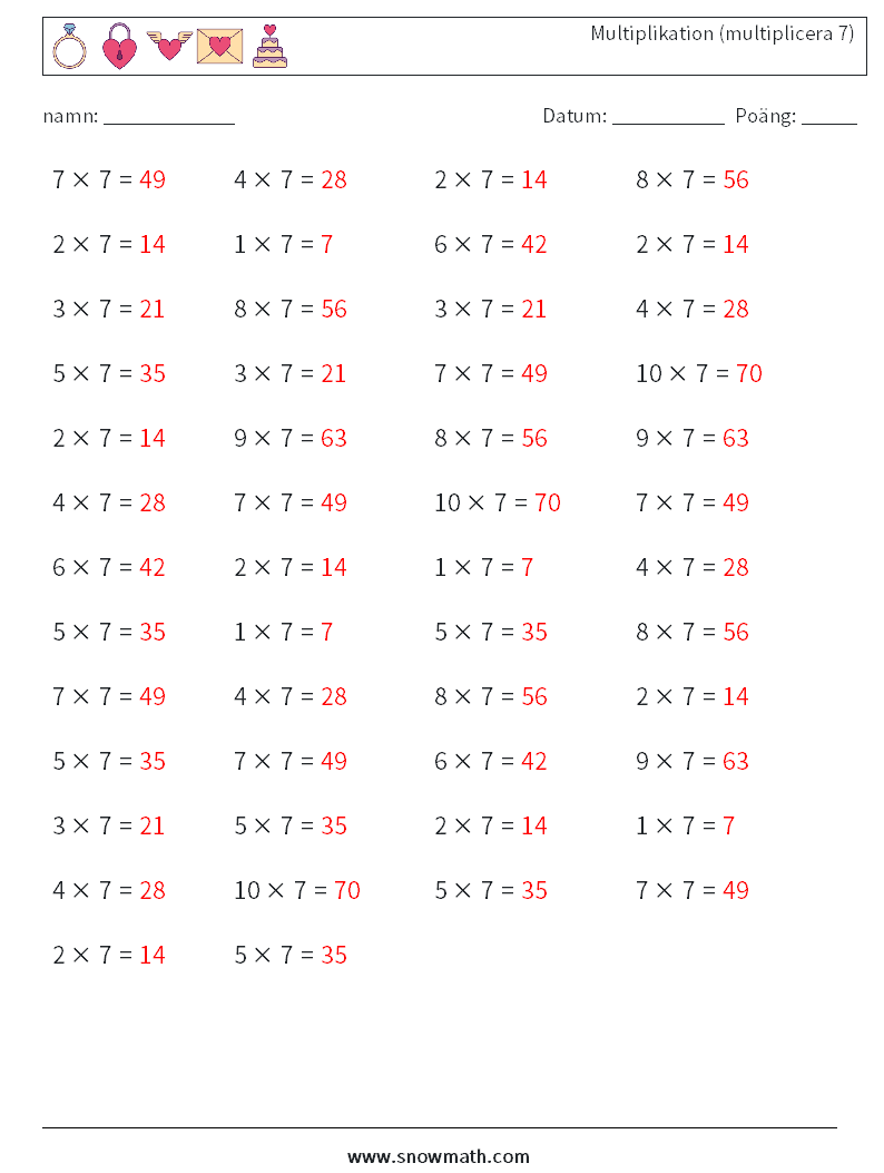 (50) Multiplikation (multiplicera 7) Matematiska arbetsblad 2 Fråga, svar