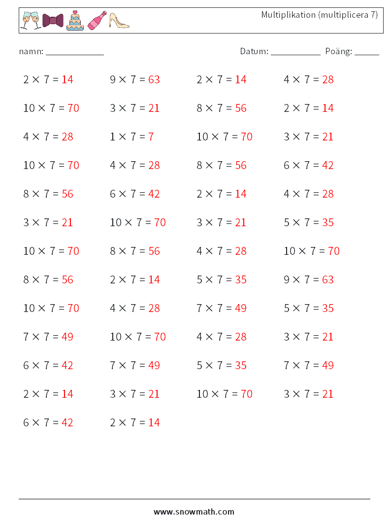 (50) Multiplikation (multiplicera 7) Matematiska arbetsblad 3 Fråga, svar
