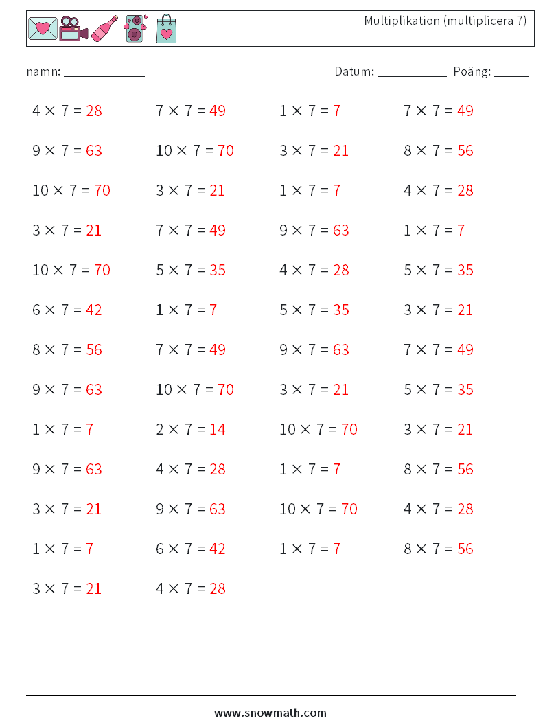 (50) Multiplikation (multiplicera 7) Matematiska arbetsblad 4 Fråga, svar
