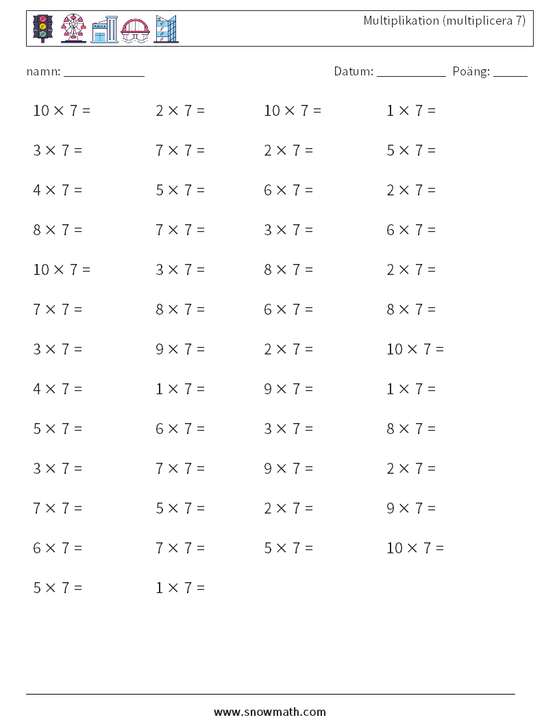 (50) Multiplikation (multiplicera 7) Matematiska arbetsblad 5