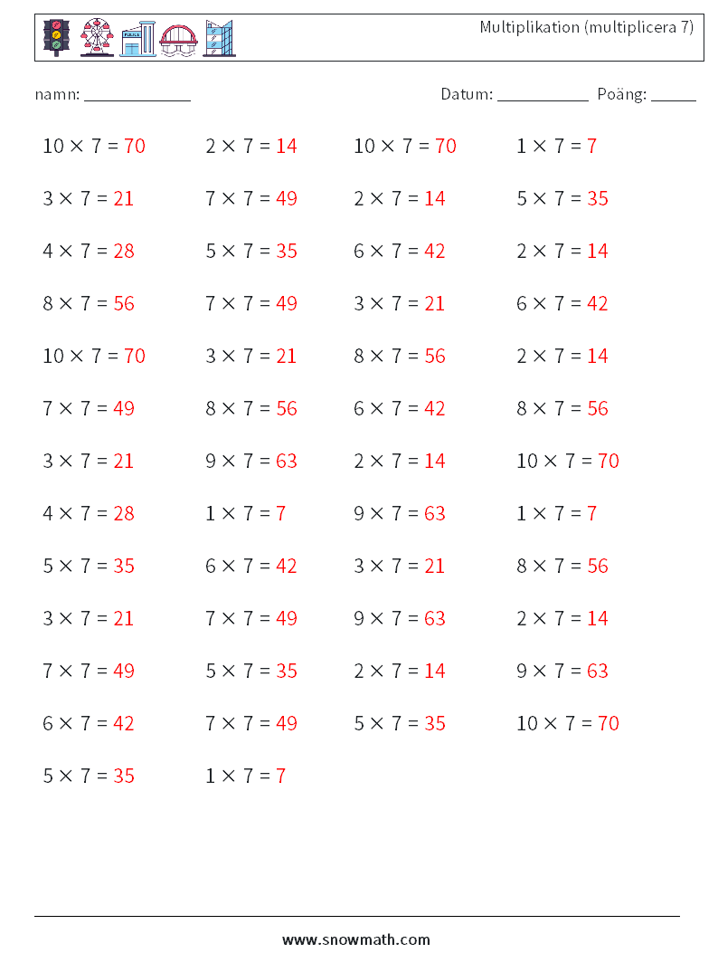 (50) Multiplikation (multiplicera 7) Matematiska arbetsblad 5 Fråga, svar