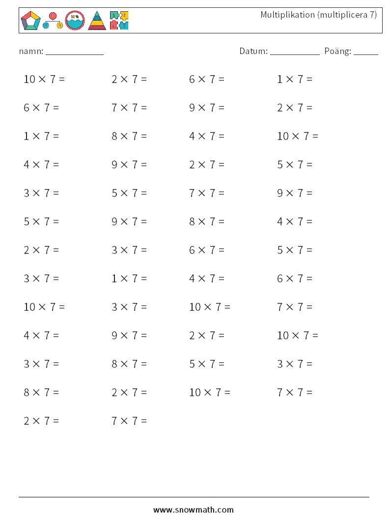 (50) Multiplikation (multiplicera 7) Matematiska arbetsblad 6