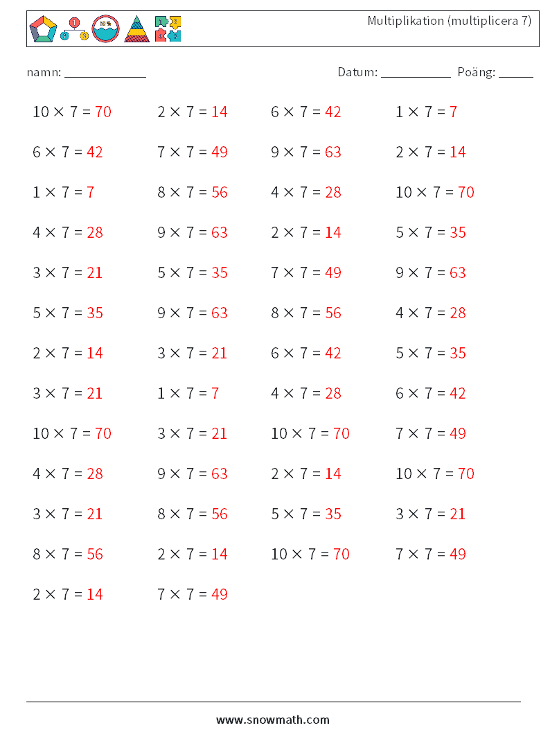 (50) Multiplikation (multiplicera 7) Matematiska arbetsblad 6 Fråga, svar