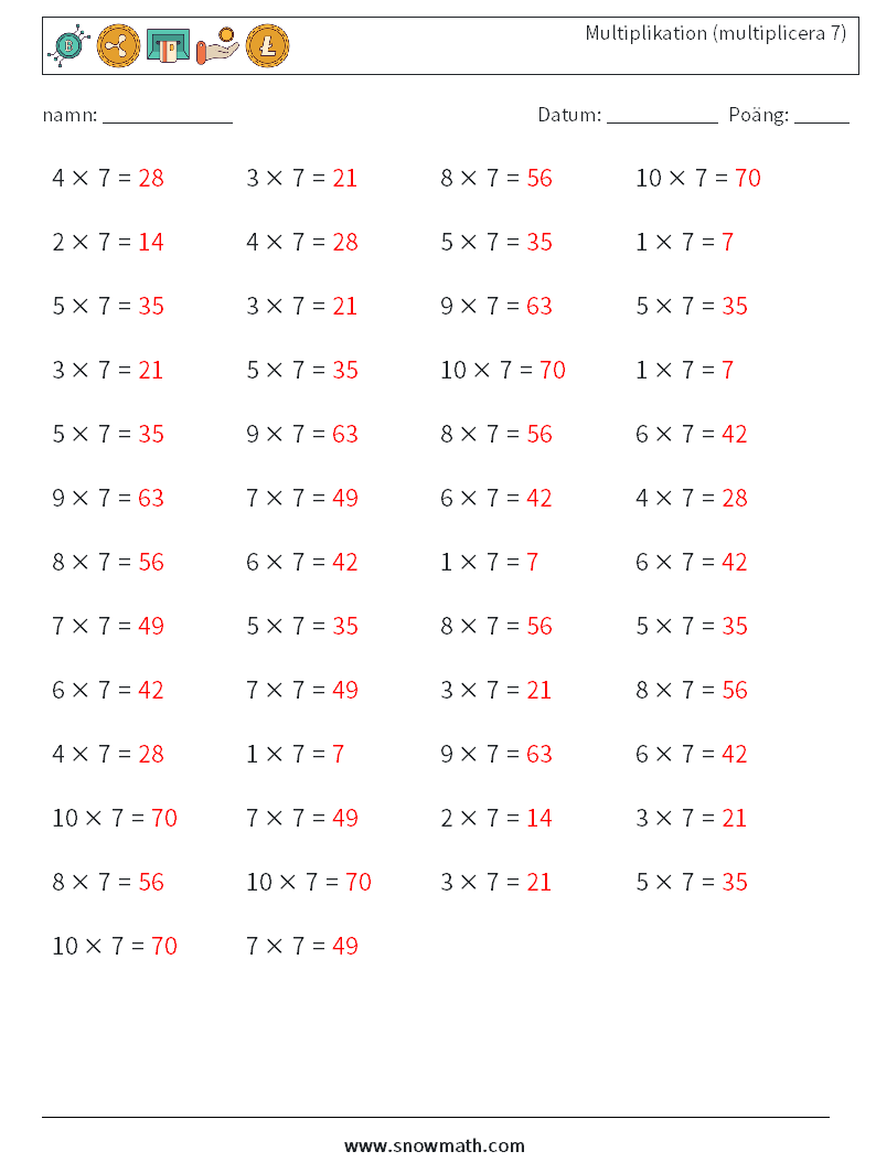 (50) Multiplikation (multiplicera 7) Matematiska arbetsblad 9 Fråga, svar