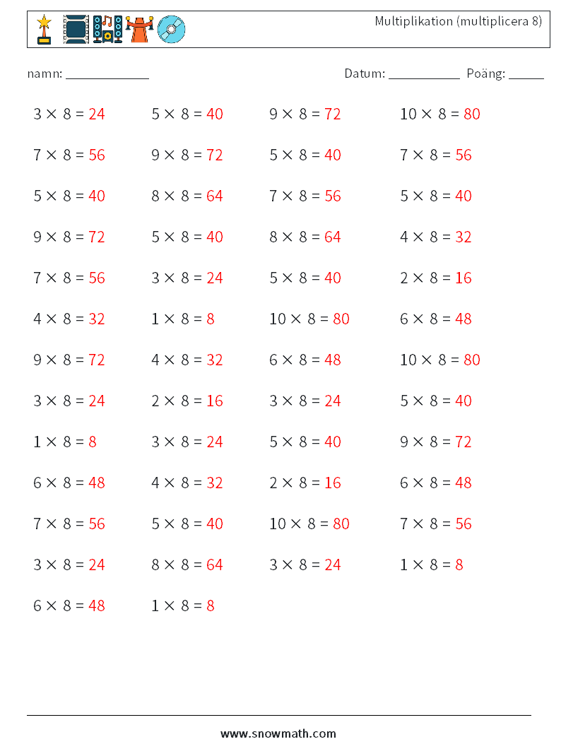 (50) Multiplikation (multiplicera 8) Matematiska arbetsblad 1 Fråga, svar